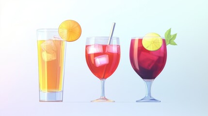 Three different beverages in glassware, ideal for foodie or party themes