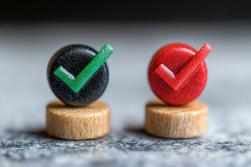Close-up of two buttons with check marks, suitable for digital designs and illustrations