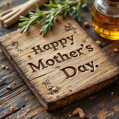 A rustic "Happy Mother’s Day card" carved from wood, surrounded by natural elements, exuding warmth and love for the occasion.