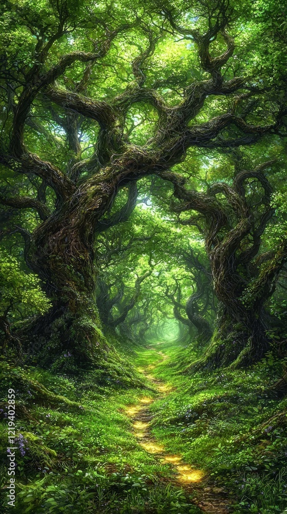 Poster a serene forest path lined with lush green trees and vibrant foliage, creating a tranquil and enchan