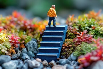 A young child stands on the steps, looking up or down