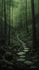 A serene forest pathway lined with stepping stones, surrounded by lush greenery and tall trees, creating a tranquil atmosphere.