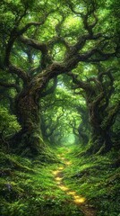 Fototapeta premium A serene forest path lined with lush green trees and vibrant foliage, creating a tranquil and enchanting atmosphere.