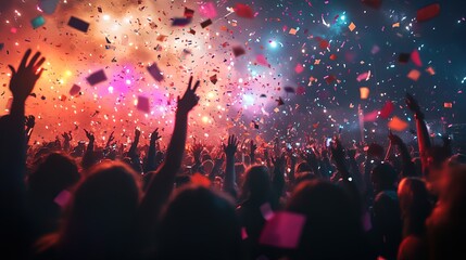 Glamorous New Year Eve ball drop with a vibrant crowd, colorful confetti, high energy 
