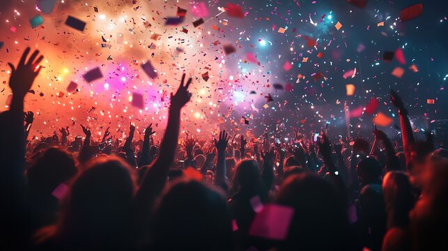 Glamorous New Year Eve ball drop with a vibrant crowd, colorful confetti, high energy 