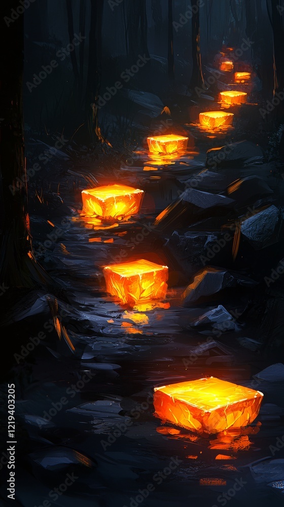 Poster a mystical path illuminated by glowing orange blocks, winding through a dark forest, creating an enc
