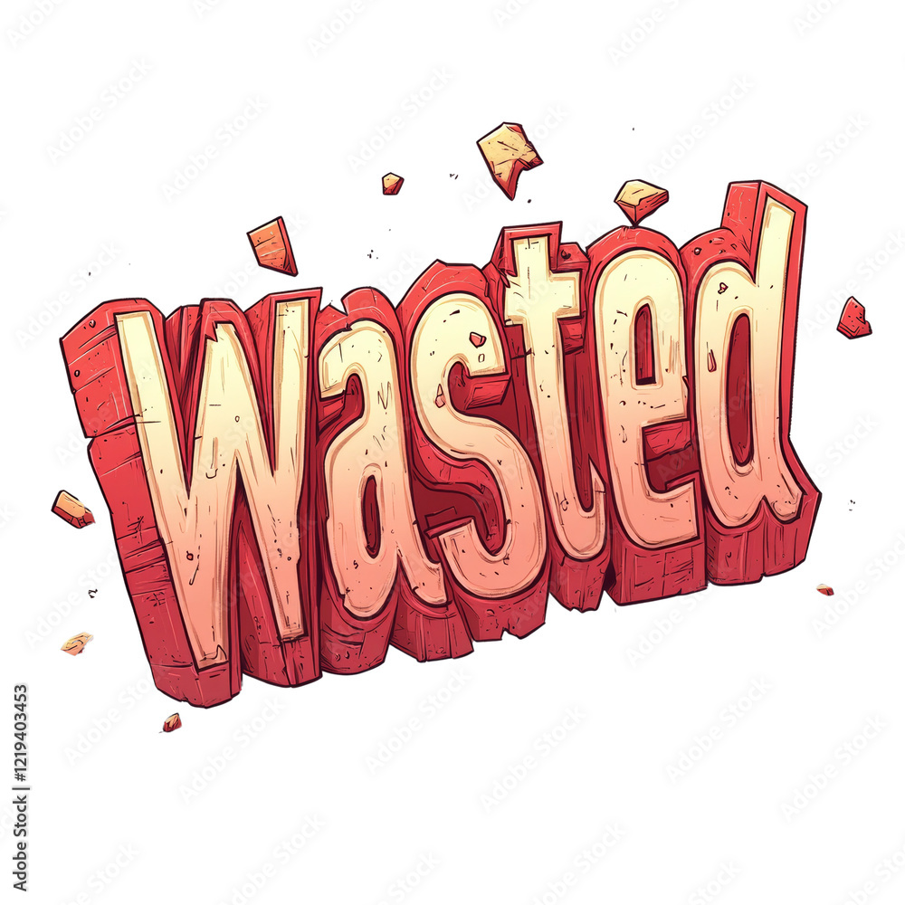 Poster the image displays stylized word art of the word wasted with a stone texture and shattered pieces.