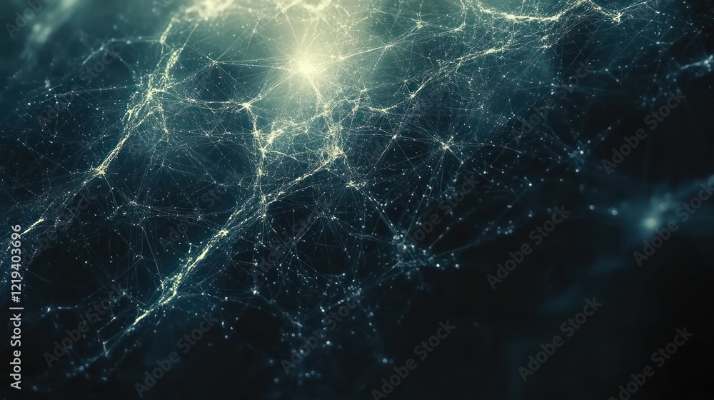 Poster abstract digital network with glowing nodes and lines.