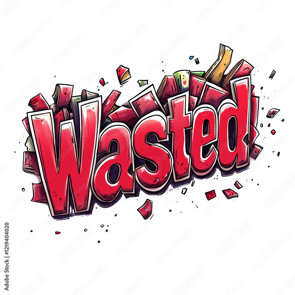 Poster a vibrant graffiti-style illustration depicting the word wasted with exploding books, signifying was