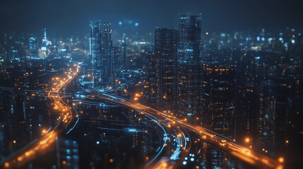 Smart digital Innovation city with connection network reciprocity over the twilight cityscape. of future smart wireless digital city and social media networking systems that connects people with city