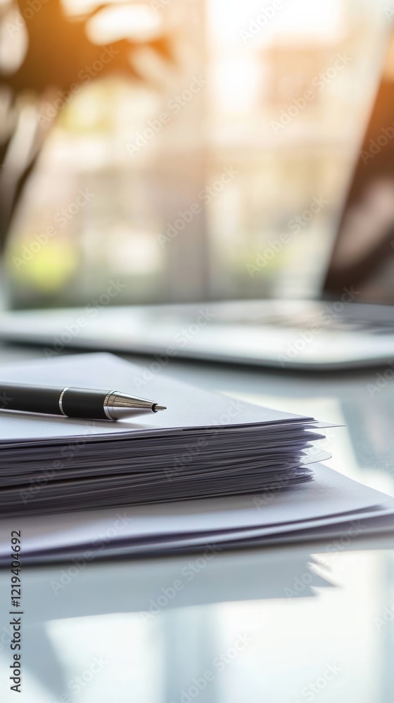 Poster stack of papers with a pen resting on top, suggesting completed paperwork in a bright office environ