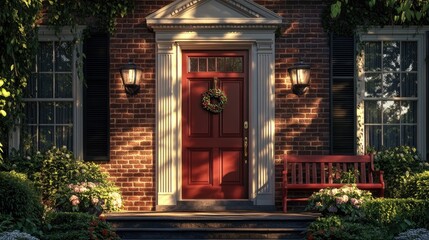 A stately brick colonial house surrounded by lush greenery and neatly trimmed hedges.
