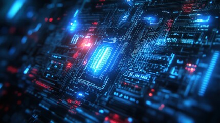 Obraz premium Abstract futuristic circuit board with glowing blue and red lights.