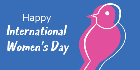 Happy International Women Day Greeting with Pink Bird and Blue Background