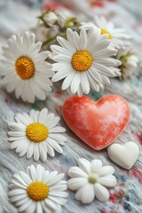 Obraz premium A bright red heart surrounded by fresh daisies and other flowers, perfect for Valentine's Day or romantic occasions