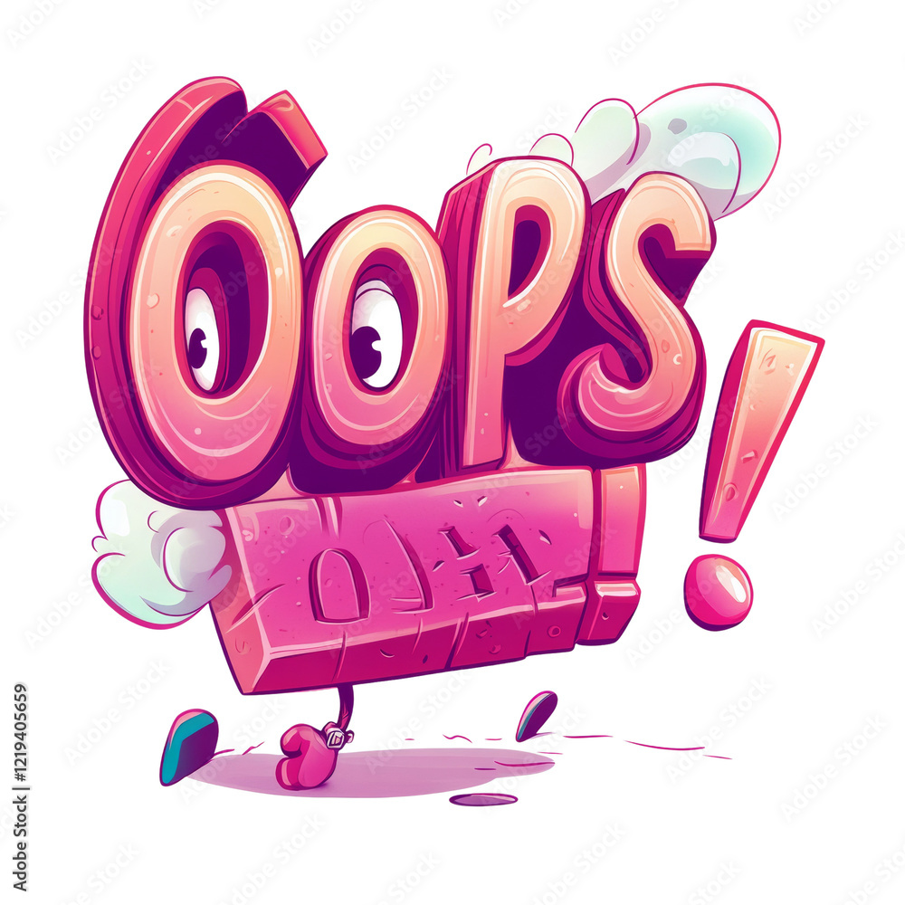 Poster A playful cartoon rendering of the word oops as a walking character with expressive features.