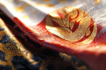 A detailed view of luxurious textile with red and gold patterns, suitable for use in design projects or as a decorative element
