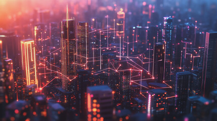 Fototapeta premium Smart digital Innovation city with connection network reciprocity over the twilight cityscape. of future smart wireless digital city and social media networking systems that connects people with city