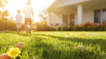 Children walking on lush green grass in sunlit backyard filled w
