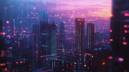 Fototapeta premium Smart digital Innovation city with connection network reciprocity over the twilight cityscape. of future smart wireless digital city and social media networking systems that connects people with city
