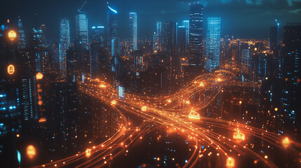 Smart digital Innovation city with connection network reciprocity over the twilight cityscape. of future smart wireless digital city and social media networking systems that connects people with city