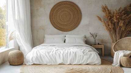 Bohemian bedroom,  natural decor,  calm atmosphere,  window view, interior design