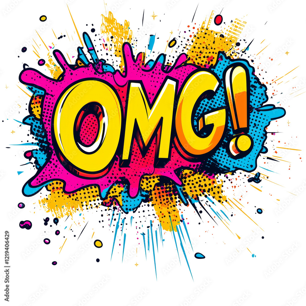 Poster a vibrant comic book style graphic depicting the word omg with an exclamation mark in a colorful exp