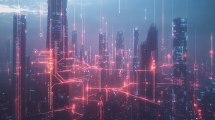 Naklejka premium Smart digital Innovation city with connection network reciprocity over the twilight cityscape. of future smart wireless digital city and social media networking systems that connects people with city