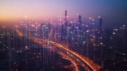 Fototapeta premium Smart digital Innovation city with connection network reciprocity over the twilight cityscape. of future smart wireless digital city and social media networking systems that connects people with city