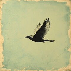 Naklejka premium Black bird in flight, textured pale green background.