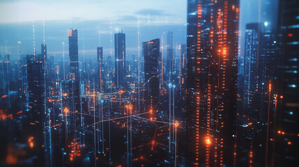 Fototapeta premium Smart digital Innovation city with connection network reciprocity over the twilight cityscape. of future smart wireless digital city and social media networking systems that connects people with city