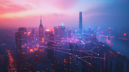 Fototapeta premium Smart digital Innovation city with connection network reciprocity over the twilight cityscape. of future smart wireless digital city and social media networking systems that connects people with city