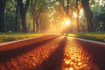 Obraz premium Path in a park with a sun shining through the trees. The leaves on the ground are orange and yellow