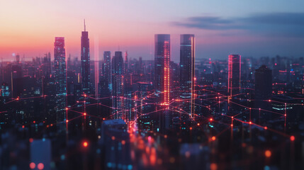 Obraz premium Smart digital Innovation city with connection network reciprocity over the twilight cityscape. of future smart wireless digital city and social media networking systems that connects people with city