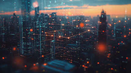 Fototapeta premium Smart digital Innovation city with connection network reciprocity over the twilight cityscape. of future smart wireless digital city and social media networking systems that connects people with city