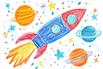 Whimsical crayon drawing of a rocket flying through space, with stars and planets, isolated on a white background