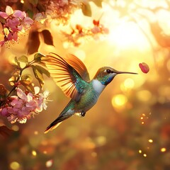 A vibrant hummingbird in mid-flight, sipping nectar from a colorful flower, with detailed wings and a soft, blurred background.


