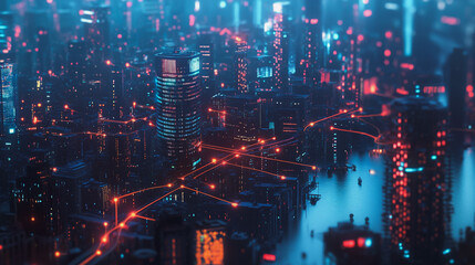 Obraz premium Smart digital Innovation city with connection network reciprocity over the twilight cityscape. of future smart wireless digital city and social media networking systems that connects people with city