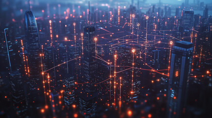 Obraz premium Smart digital Innovation city with connection network reciprocity over the twilight cityscape. of future smart wireless digital city and social media networking systems that connects people with city