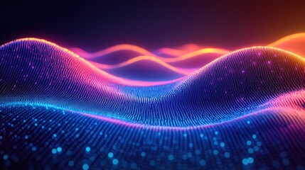 Abstract glowing digital waves in blue, pink, and orange colors.