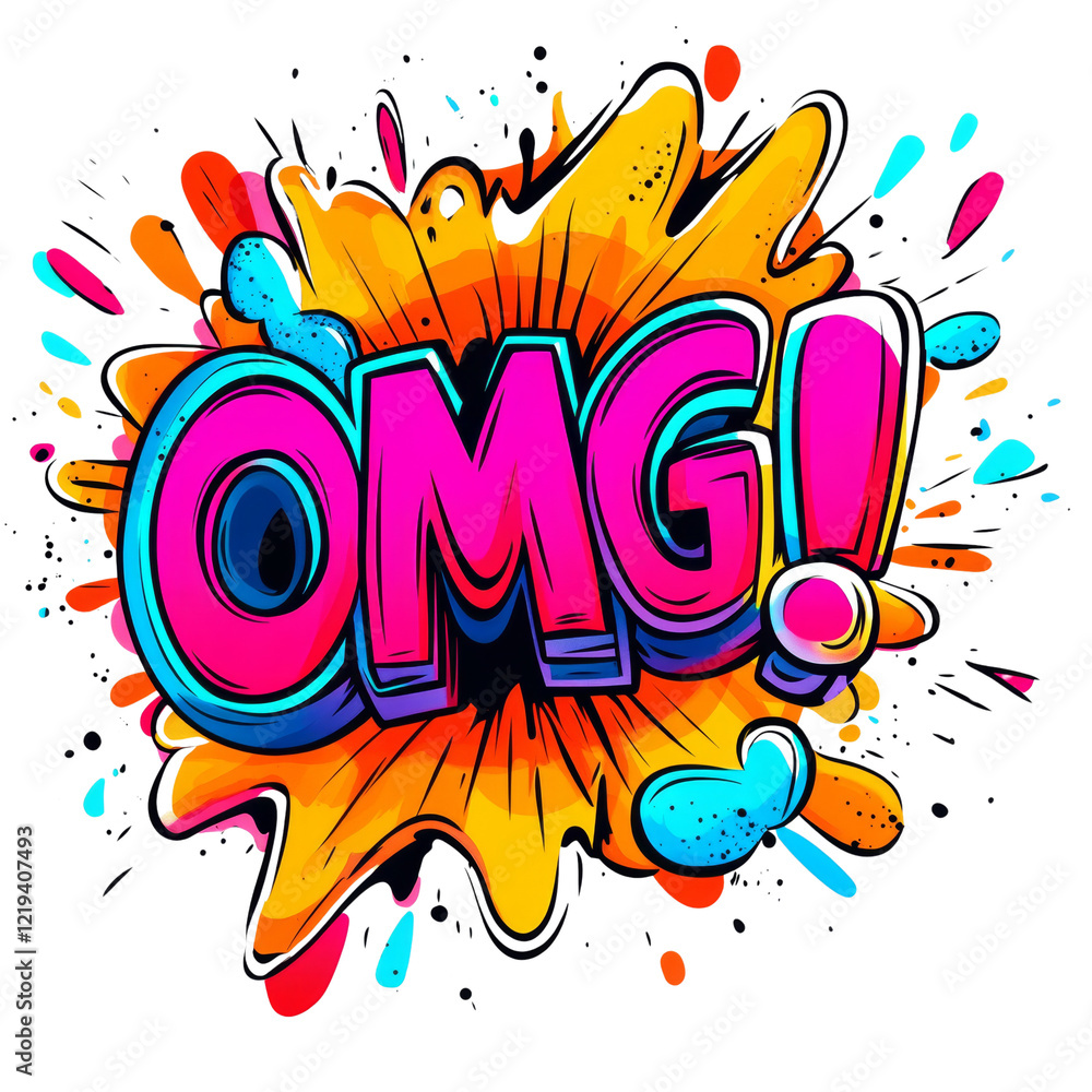 Poster a vibrant illustration of the word omg in a dynamic comic book style with a colorful explosion effec