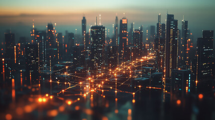 Obraz premium Smart digital Innovation city with connection network reciprocity over the twilight cityscape. of future smart wireless digital city and social media networking systems that connects people with city