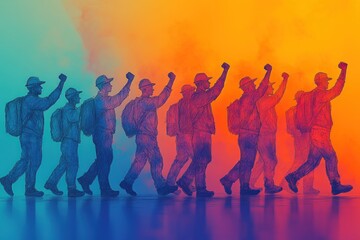 Here's a 10-word description: Silhouetted figures march, fists raised, backpacks