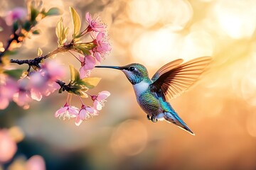 Naklejka premium A vibrant hummingbird in mid-flight, sipping nectar from a colorful flower, with detailed wings and a soft, blurred background.