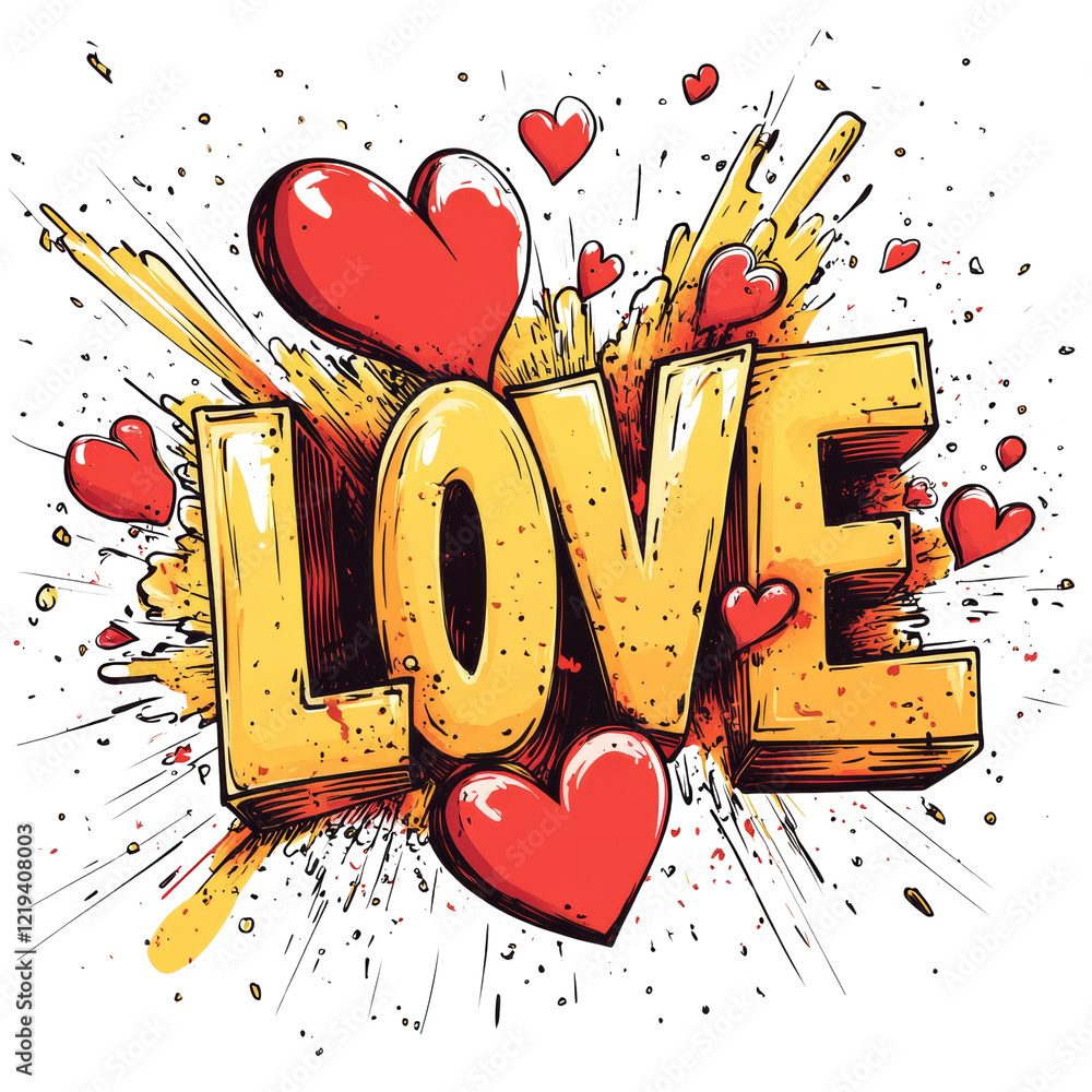 Poster a vibrant graphic design illustrating the word love surrounded by exploding hearts and yellow paint 