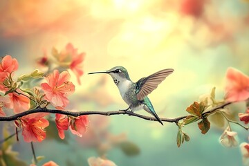 Naklejka premium A vibrant hummingbird in mid-flight, sipping nectar from a colorful flower, with detailed wings and a soft, blurred background.