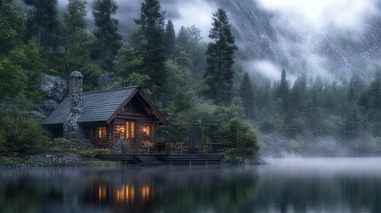 Fototapeta premium Rustic mountain cabin by a lake, cozy setting, misty morning, surrounded by pine trees 