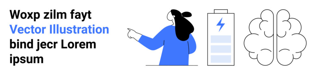 Person with long hair pointing, next to brain and battery icons. Placeholder text on the left. Ideal for health, energy, wellness, mental health, productivity, technology, education themes. Banner