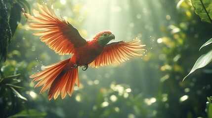 A resplendent quetzal in flight against a dense rainforest canopy