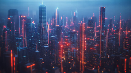 Fototapeta premium Smart digital Innovation city with connection network reciprocity over the twilight cityscape. of future smart wireless digital city and social media networking systems that connects people with city